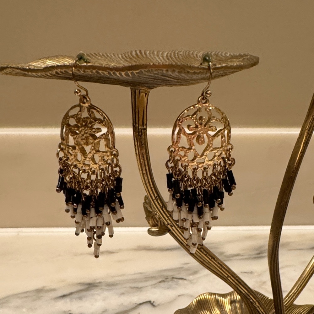 Black and white beaded chandelier earrings